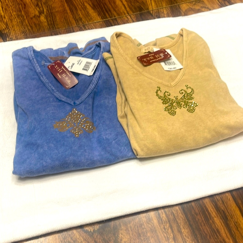 Xcit USA tops large 3/4 sleeves v neck soft 1 blue 1 khaki $25 for both